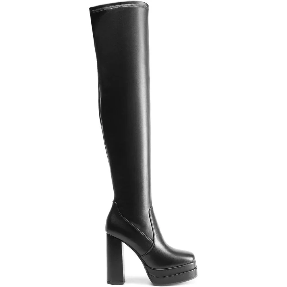 Women's Black Polyurethane (PU) Square Toe Over The Knee Thigh High Long Boots